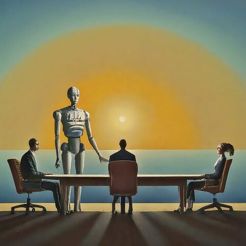 Robot at desk AI image – landscape